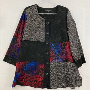 Calessa size XL Multi Color Artsy Patchwork Stretch 3/4 Sleeve Button Tunic Boho